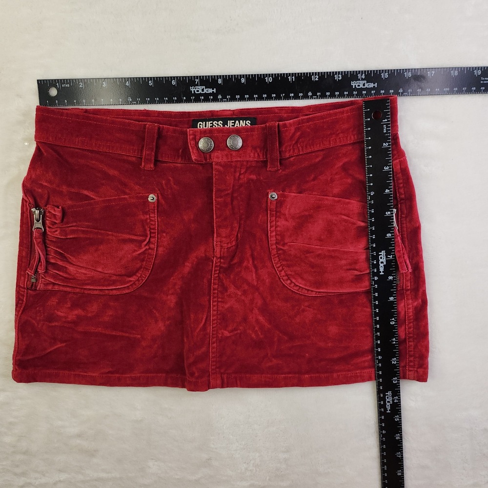 Vintage 90s Guess Velour Micro Mini Skirt Womens 27 Red Cargo Utility Whimsigoth - Picture 11 of 13